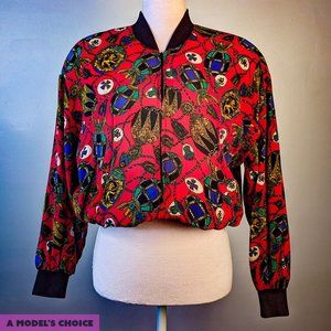 AUTHENTIC 90'S VINTAGE RED ORNATE PATTERNED BOMBER JACKET